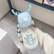 Kids Cartoon Antler Water Bottle with Straw, Lid & Carry Strap - space deep blue, 501-600ml