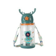 Kids Cartoon Antler Water Bottle with Straw, Lid & Carry Strap
