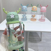 Kids Cartoon Antler Water Bottle with Straw, Lid & Carry Strap - Purple, 501-600ml