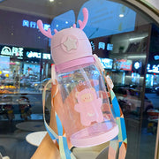 Kids Cartoon Antler Water Bottle with Straw, Lid & Carry Strap - forest orange, 501-600ml