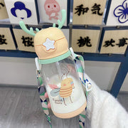 Kids Cartoon Antler Water Bottle with Straw, Lid & Carry Strap - Sticker Sky Blue, 501-600ml
