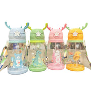 Kids Cartoon Antler Water Bottle with Straw, Lid & Carry Strap - forest pink, 501-600ml