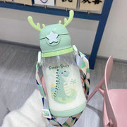 Kids Cartoon Antler Water Bottle with Straw, Lid & Carry Strap - Sticker orange, 501-600ml