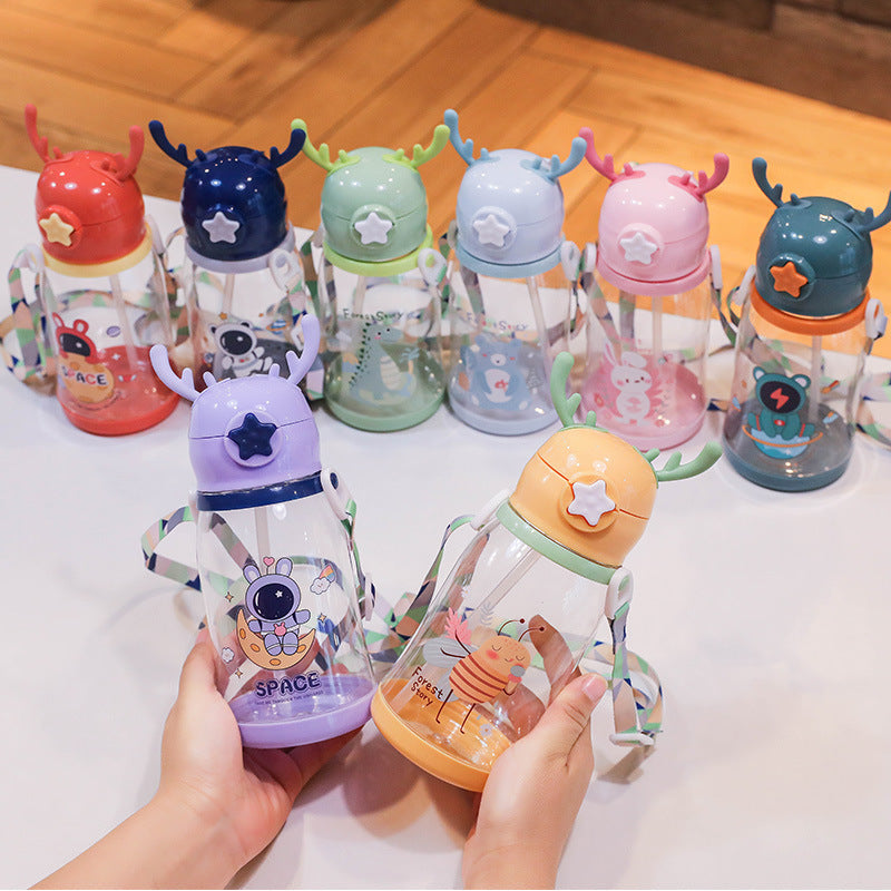 Kids Cartoon Antler Water Bottle with Straw, Lid & Carry Strap - Yellow, 501-600ml
