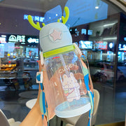 Kids Cartoon Antler Water Bottle with Straw, Lid & Carry Strap - forest sky blue, 501-600ml