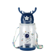 Kids Cartoon Antler Water Bottle with Straw, Lid & Carry Strap