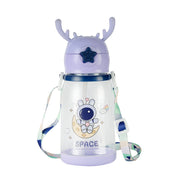 Kids Cartoon Antler Water Bottle with Straw, Lid & Carry Strap