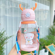 Kids Cartoon Antler Water Bottle with Straw, Lid & Carry Strap - Sticker powder, 501-600ml