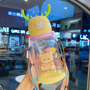 Kids Cartoon Antler Water Bottle with Straw, Lid & Carry Strap - forest green, 501-600ml